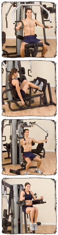 A shirtless man is sitting on a machine in a gym. Woman in black tank top and black shorts sitting on exercise equipment - image